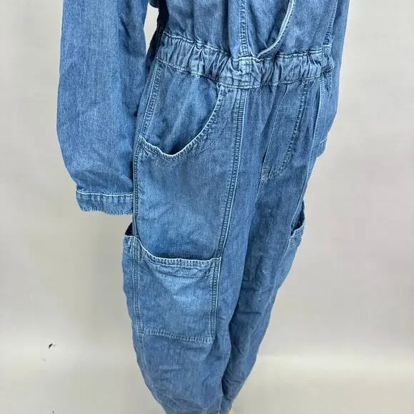 Free‎ People Archie Denim Jumpsuit Coveralls Utility Size Medium Barrel Leg